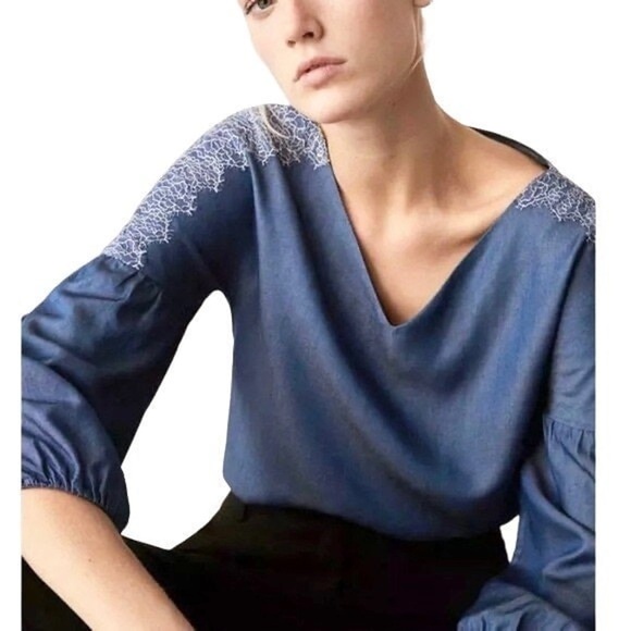 MASSIMO DUTTI Chambray Lace Balloon Sleeve Blouse - Blue Size 4 - Picture 2 of 12
